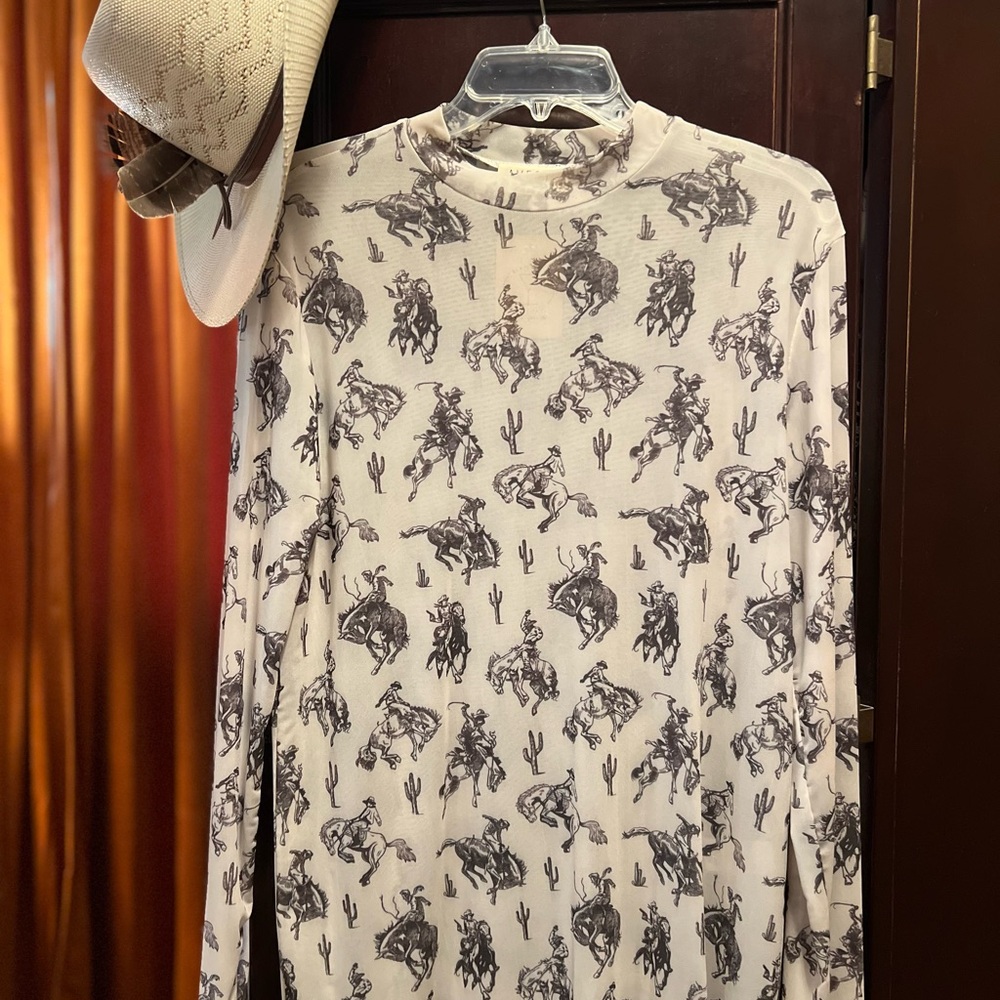 Avery Cowboy Print Mesh Long Sleeve Shirt - Black and White